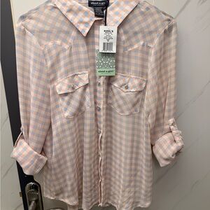 About A Girl Peach and Blue Checkered Shirt BNWT size M
